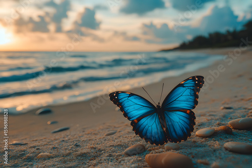 a blue butterfly sitting on a sandy beach