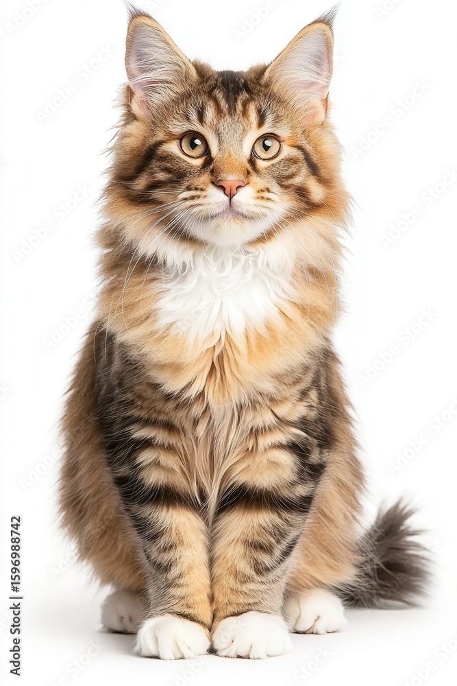Majestic Maine Coon cat with fluffy coat posing elegantly against a clean white background Majestic Maine Coon cat with fluffy coat posing elegantly against a clean white background