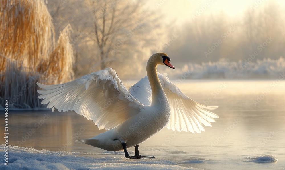 Obraz premium Majestic swan gracefully flaps its wings upon the icy riverbank under the soft sunlight