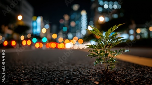 Fototapeta Naklejka Na Ścianę i Meble -  A small plant sprouts from the pavement at night.