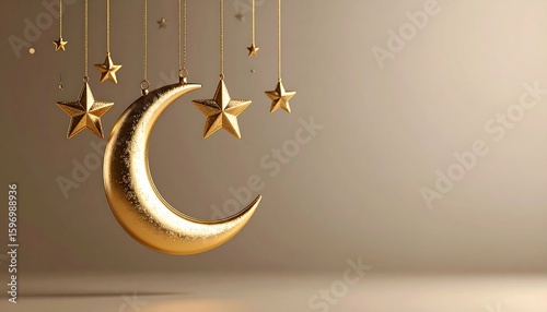 Gold crescent moon and stars on beige background