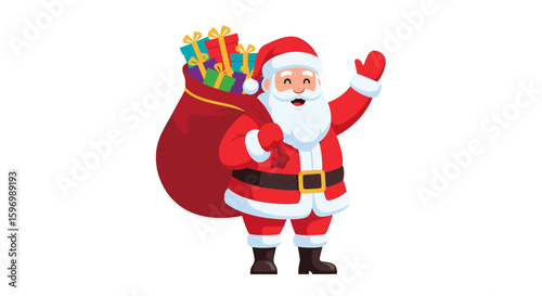 Santa claus waving with a sack full of colorful christmas presents gifts