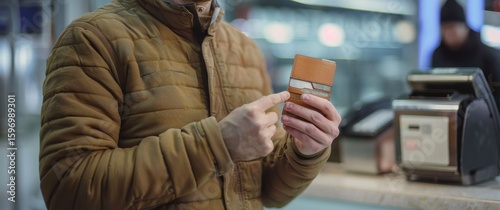 Man holds an empty wallet at a payment counter looking worried bright clean urban setting 19:8 aspect ratio.