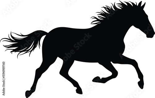 Silhouette of a powerful black horse galloping across a white background