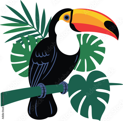 Vibrant toucan perched on a branch surrounded by lush tropical leaves