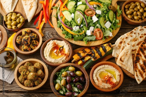 Wallpaper Mural Mediterranean feast spread Greek salad hummus falafel pita olives grilled vegetables rustic wood grain table setting. Torontodigital.ca