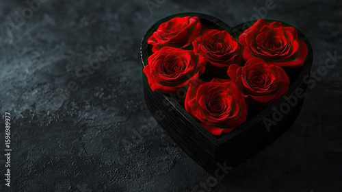 Red roses in a heart-shaped black wooden box.