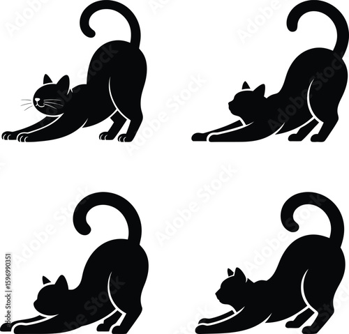 Four black cat silhouettes stretching in different poses
