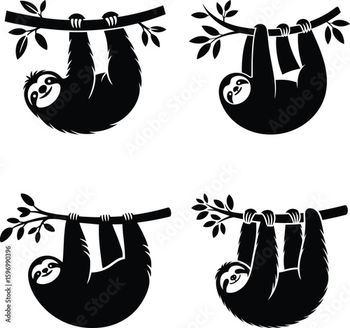 Four cute black silhouette sloths hanging upside down on tree branches