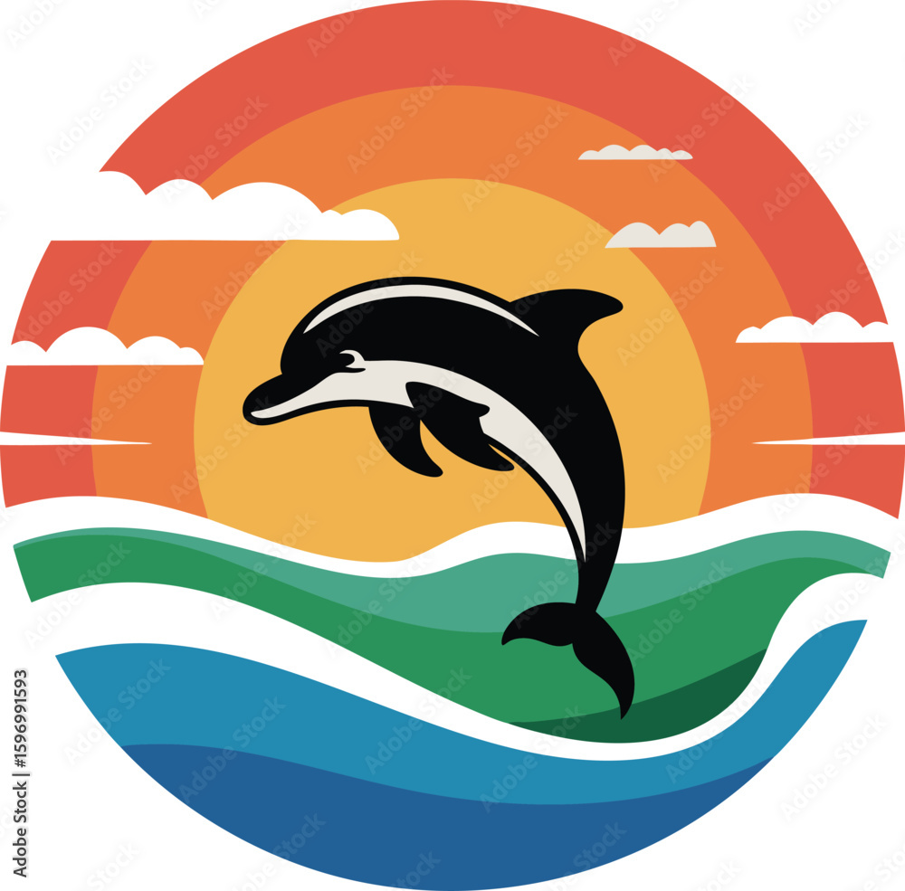 Obraz premium Dolphin leaping from ocean waves at sunset with clouds