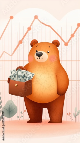 Bear holding money briefcase financial growth concept cute illustration business environment whimsical viewpoint