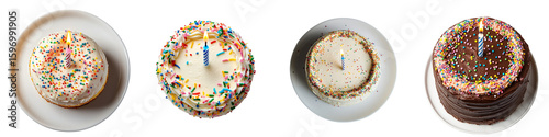 Celebratory Cakes with Colorful Sprinkles and Lit Candles on White Plates, Ready for a Party or Special Event, Top View - Isolated on Transparent Background