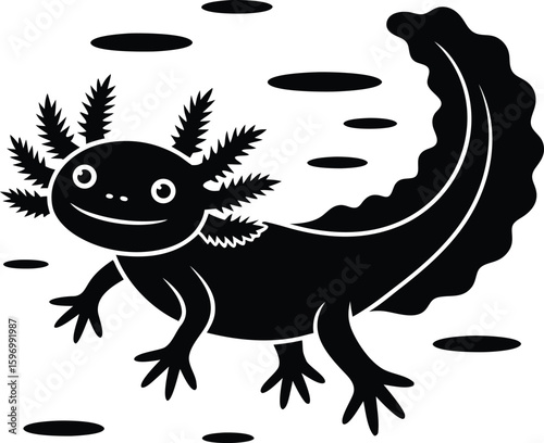 Cute black and white cartoon axolotl swimming in water bubbles