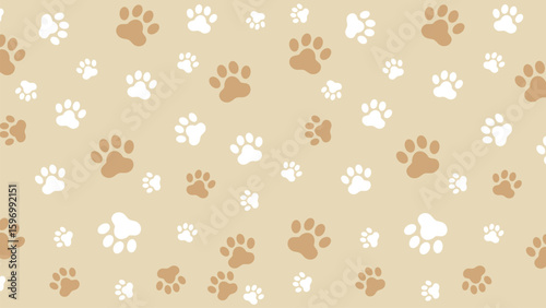 Seamless pattern with white and brown paw prints on a beige background. Ideal for pet-themed designs, fabrics, or digital use