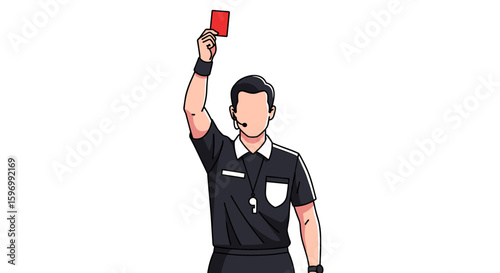 Illustration of a soccer referee holding up a red card, signaling a penalty or expulsion during a match, set against a clean white background.