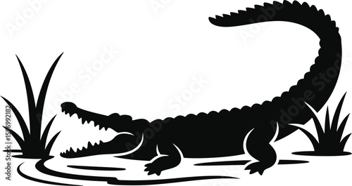 Silhouette of a fierce alligator emerging from murky swamp water with reeds