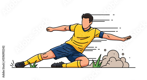 Dynamic illustration of a soccer player in motion, sliding on the grass to kick a ball with intense focus and athletic skill.