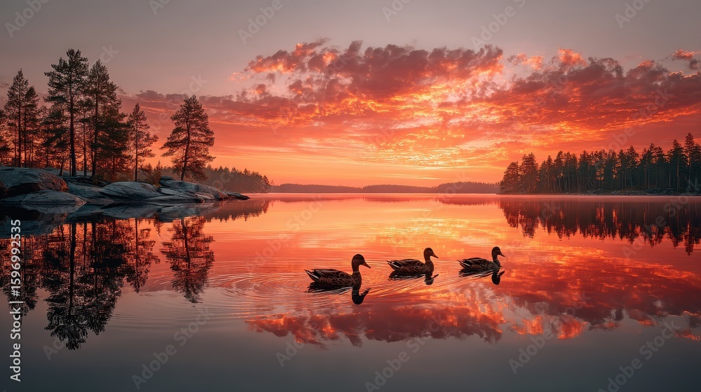 Naklejka premium Peaceful early evening on a lake with ducks swimming and colorful sunset sky overhead