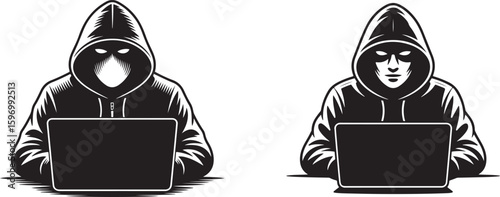 Black and white illustration of two hooded figures working on laptops representing a hacker concept