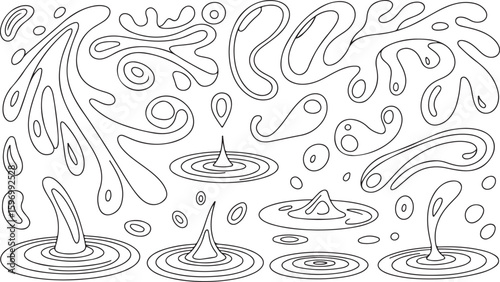 Black and white illustration of water splashes and ripples with abstract shapes and droplet effects on white background