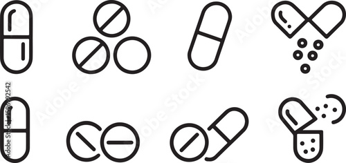 Black and white line art of various pills and capsules including tablets and open capsules with contents