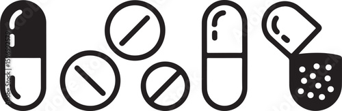 Black and white line art of pills capsules and medicine tablets on a white background