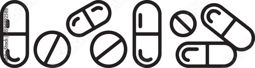 Black and white line art of various pills and capsules on a white background medicine