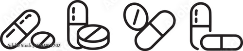 Black outline illustrations of various pills and capsules on a white background medication