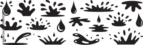 Black water splash and drop shapes on white background vector illustration set drops