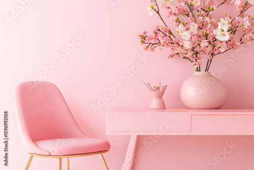 a pink desk with a vase of flowers on it