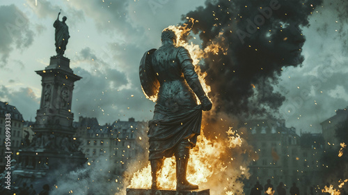 Roman soldier statue silhouette stands before burning classical architecture as empire falls and traditional values crumble in flames of civilizational collapse