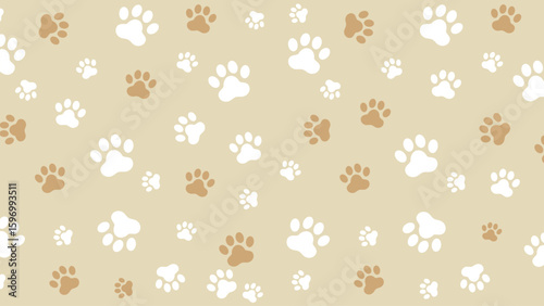 Seamless pattern with white and brown paw prints on a light tan background. Ideal for pet-themed designs