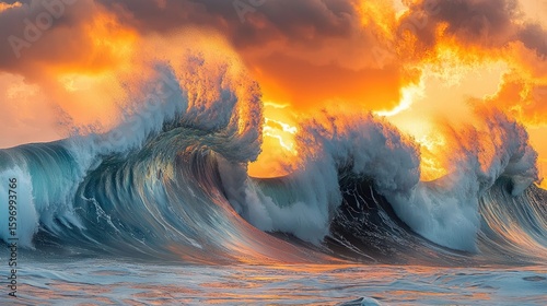Powerful ocean waves crashing at sunrise.