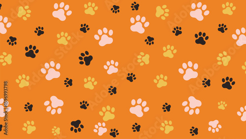 Billede på lærred Playful seamless vector pattern featuring colorful animal paw prints on an energetic orange background