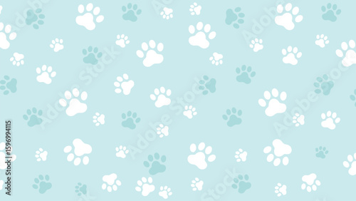 Seamless pattern with white and light blue paw prints on a pale blue background. Ideal for pet-themed designs