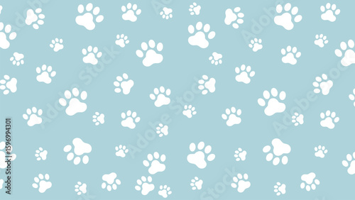 Cute seamless vector pattern featuring white puppy paw prints on a gentle baby blue background. Perfect for pet shop or nursery themes