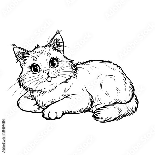 Cute fluffy kitten with tail is lying, black and white drawing. vector illustration. Funny cat, isolated on white background. Topics related to pets, veterinary clinics, shelters and children's books
