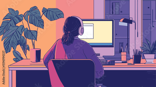 Woman working at workplace illustration flat vector design