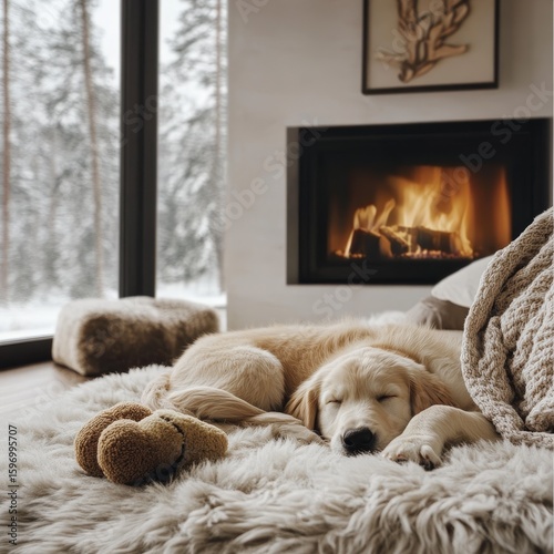 A dog is sleeping on a white rug next to a fireplace