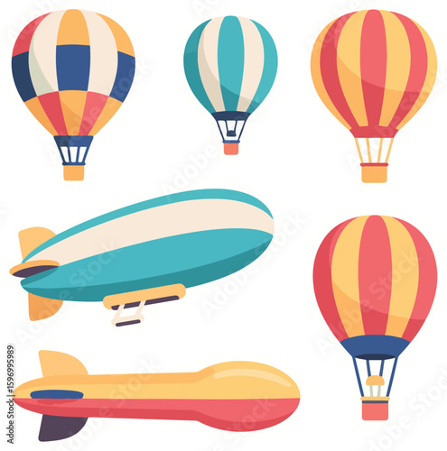 Collection of Colorful Hot Air Balloons and Blimps on a Black Background for Graphic Design