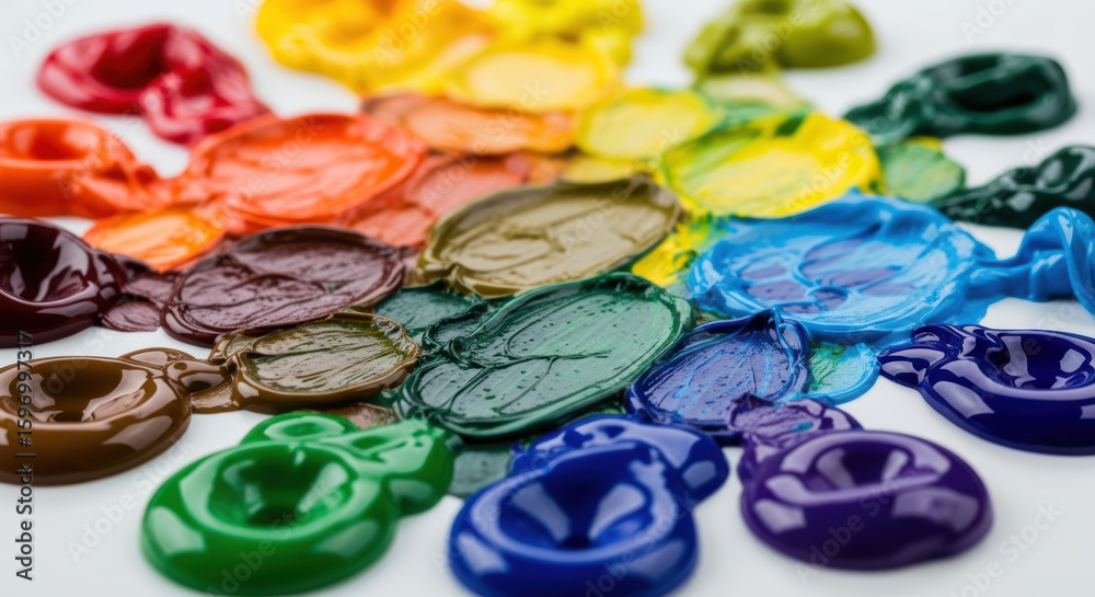 Naklejka premium A vibrant array of colorful paint blobs arranged on a white surface creating a rainbow effect palette