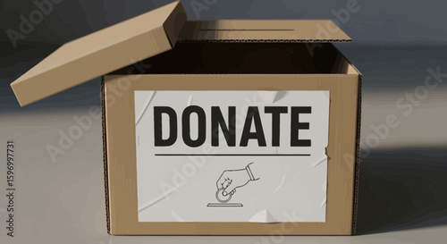Vector Icon SVG Illustration of Donation Box with Hand and Coin in Flat Design Style Featuring Brown Box and White Paper Label