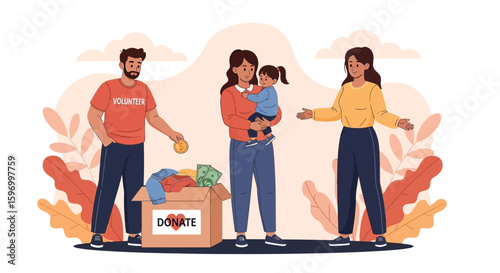 Vector SVG Illustration of Volunteer Donation Scene with People and Donation Box in Modern Flat Style