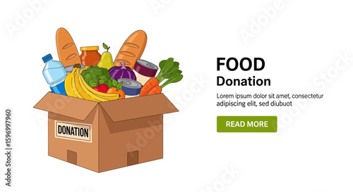 Illustration Vector SVG of Food Donation Box with Groceries in Modern Flat Style Bright Colors