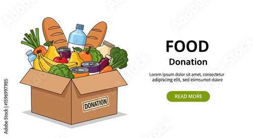 Vector SVG Illustration of Food Donation Box with Fruits and Vegetables in Modern Flat Style for Web and Digital Design