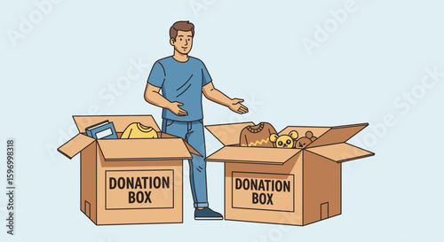 Vector SVG Illustration of Man with Donation Boxes in Modern Flat Style Featuring Clothing and Toys in Bright Colors for Charitable Campaigns