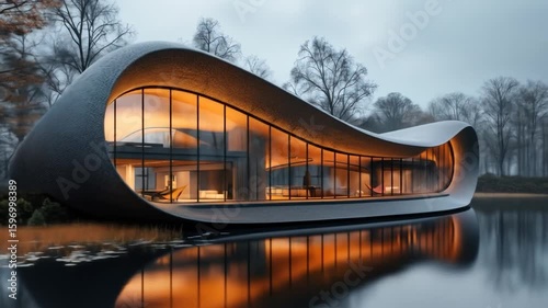 Curved Glass House on Calm Lake at Dusk