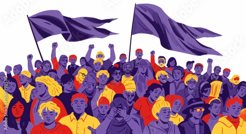 Vector SVG Illustration of Protest Crowd with Flags in Modern Flat Style with Bold Colors for Social Movement Campaigns