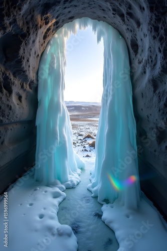 Frozen Icelandic Waterfall with Rainbow Refractions and Cylindrical Basalt Erosion Captured by Drone – Nature's Ice Sculpture Formed Over Millennia