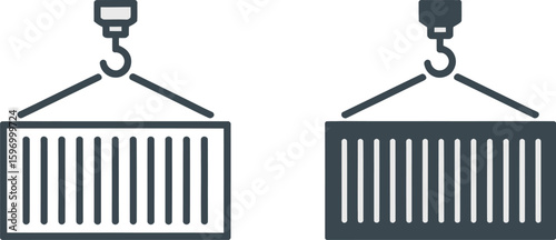 Two container icons suspended by hooks against a light gray background in vector format